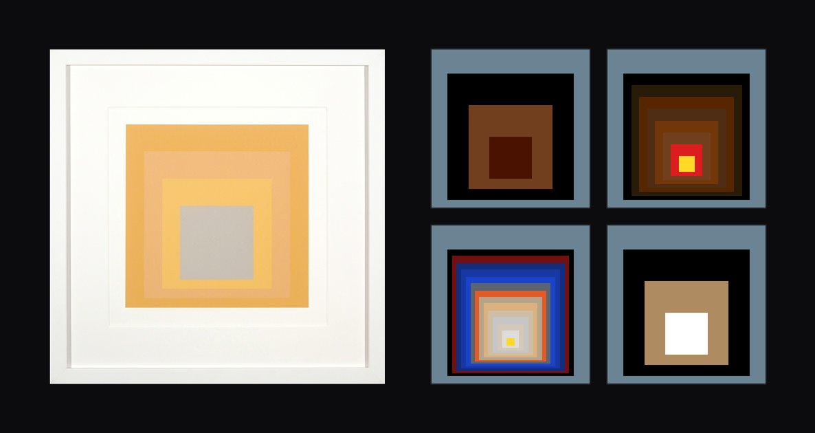 A Josef Albers Homage to the Square beside four Homage works sharing a fixed nested structure with different palettes.